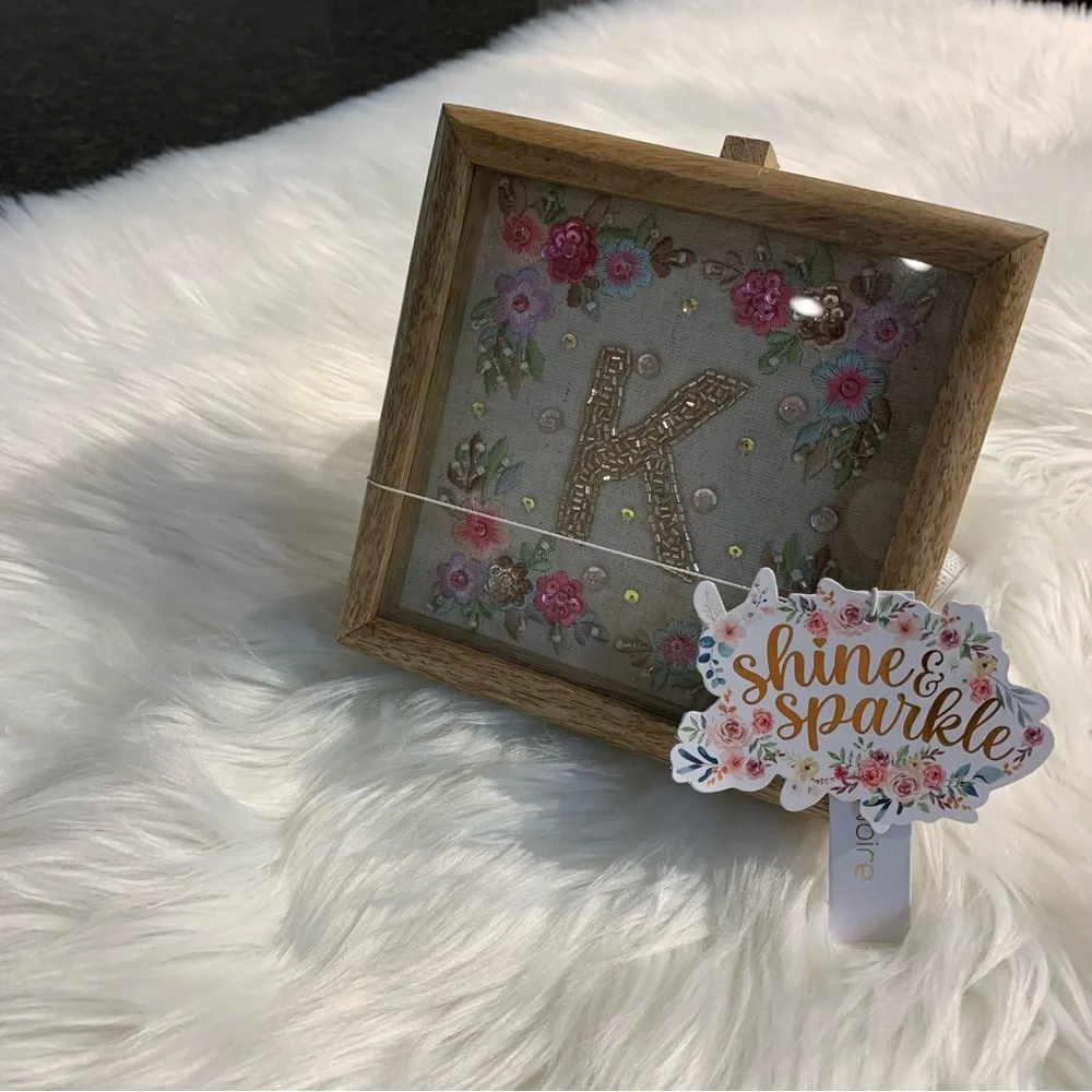 Jewelry Trinket Wood Box With Framed Detailed Embroidery Beading Letter “K” NWT